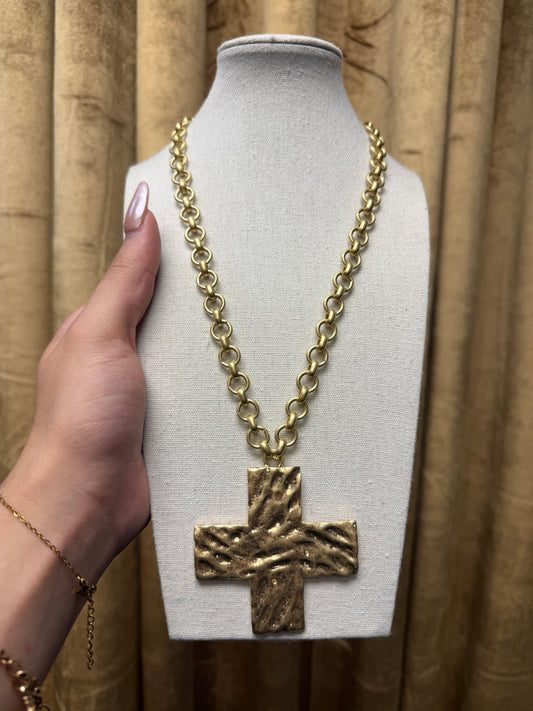 Golden Hammered Cross Necklace