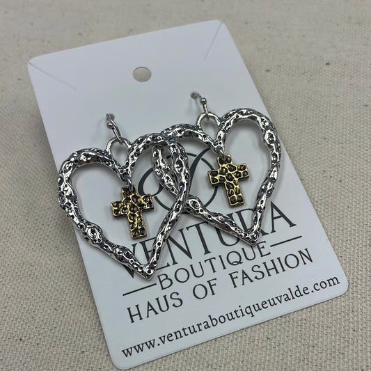 2 Tone Cross Heart Earrings