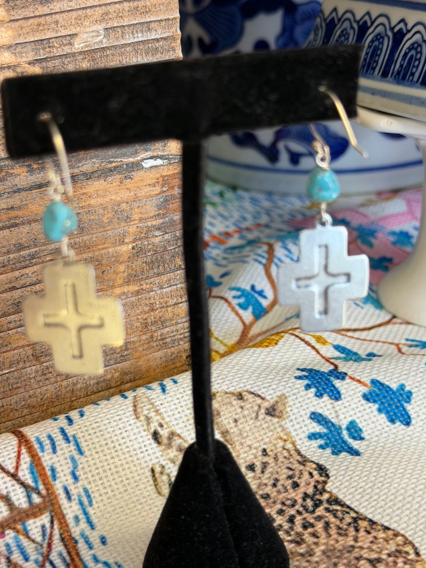 Sterling Silver Cross & Turquoise Earrings