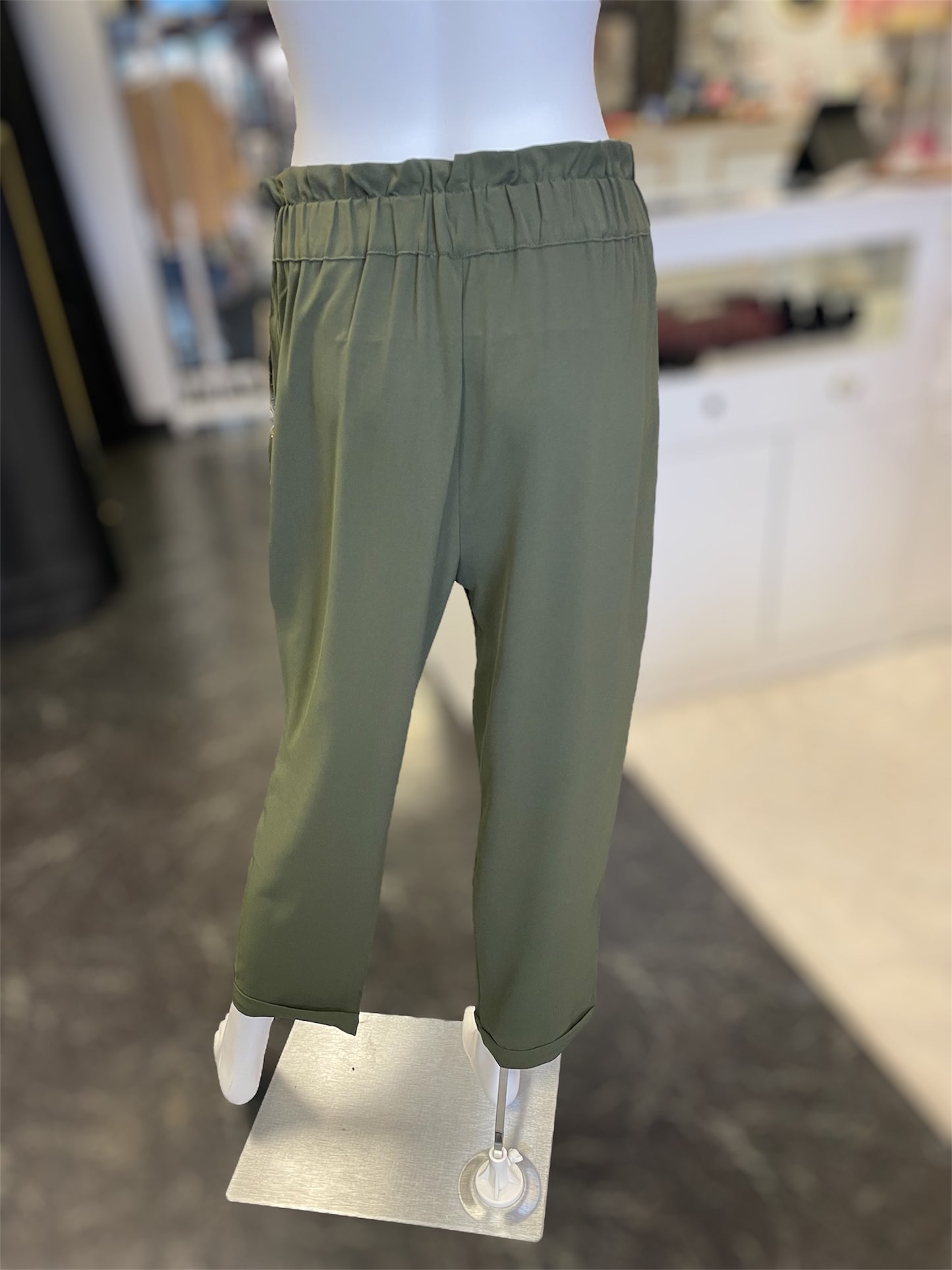 Olive High Waisted Paper bag Waist Tie Belt Cropped Pants Trendy Trousers