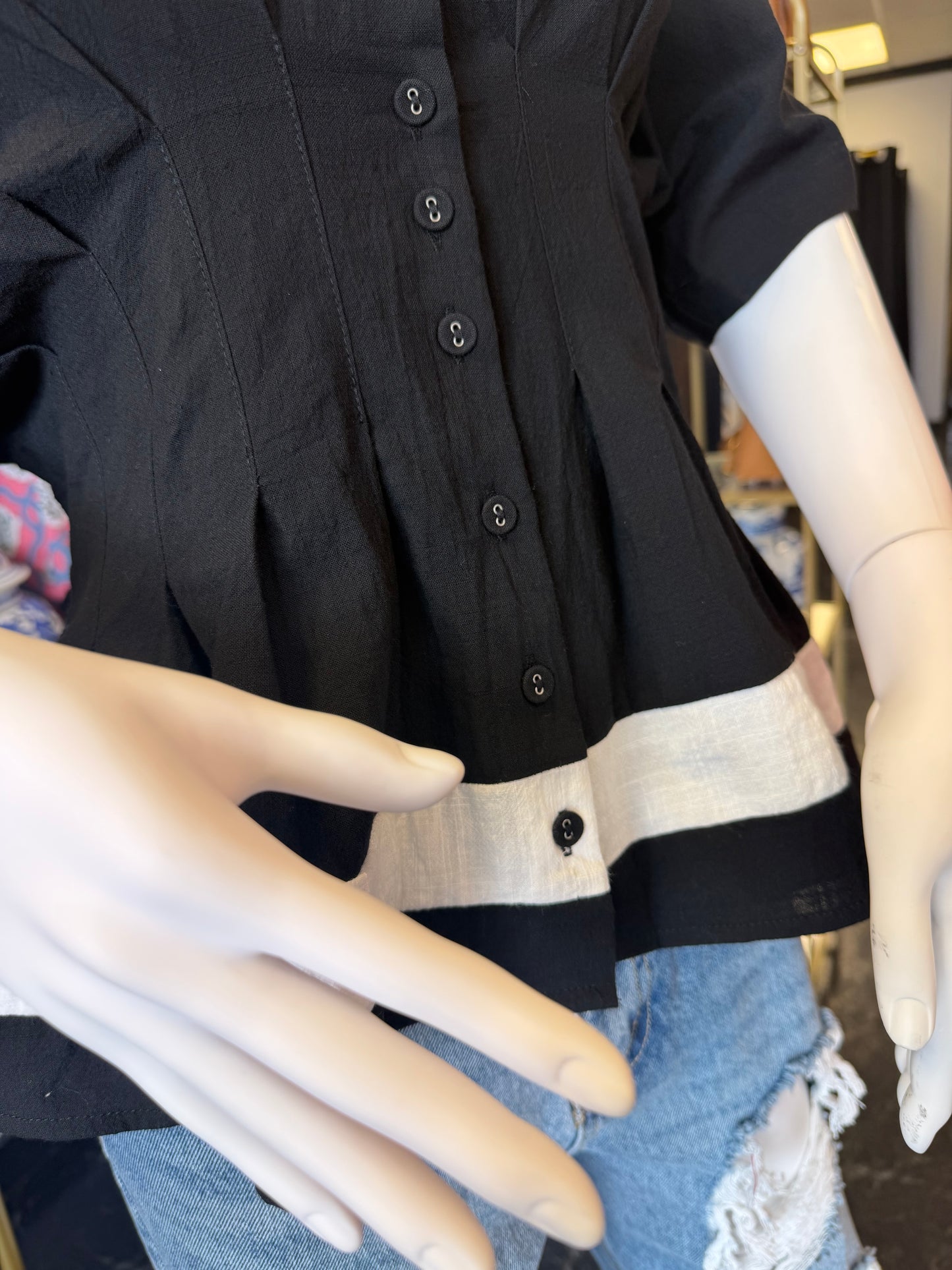 White & Black Color Blocked Pleated Top