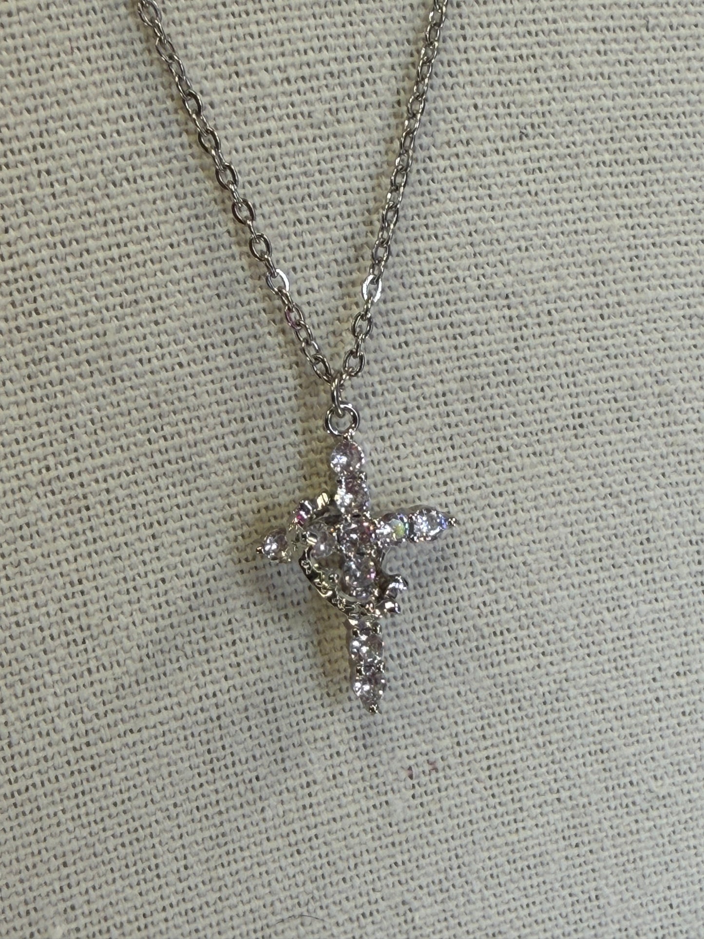 Crystal Cross Crown Necklace Silver