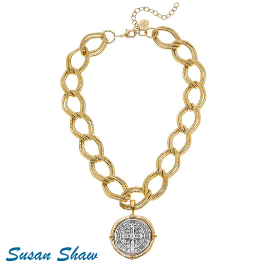 Saint Benedict Susan Shaw Large Gold & Silver Religious Necklace