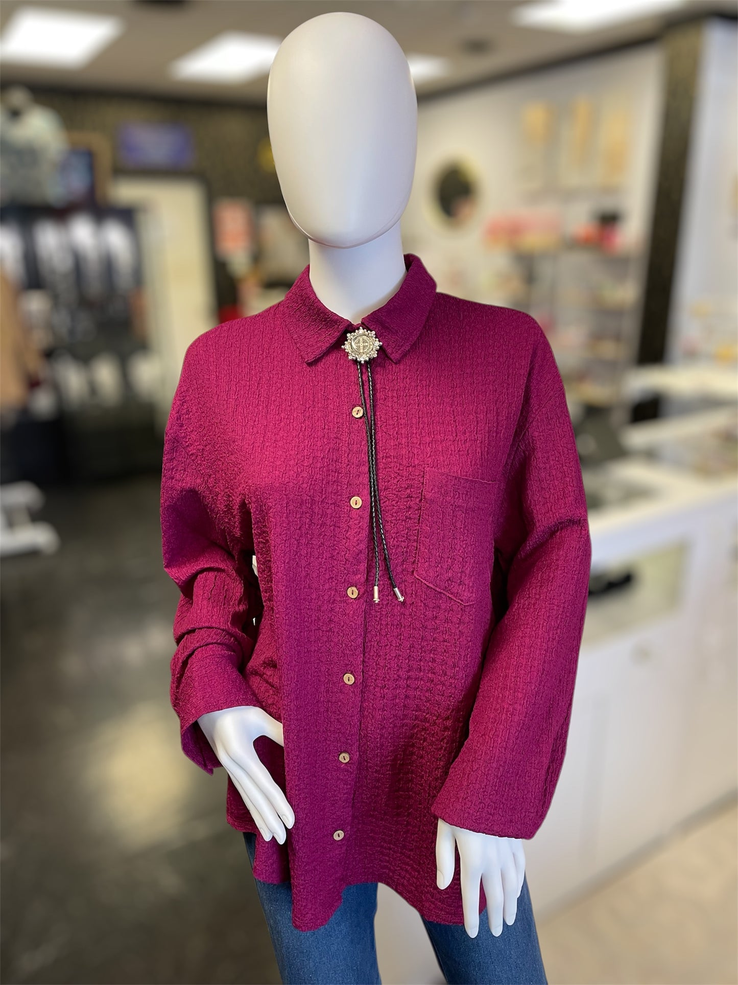 Magenta Textured Button-down Top