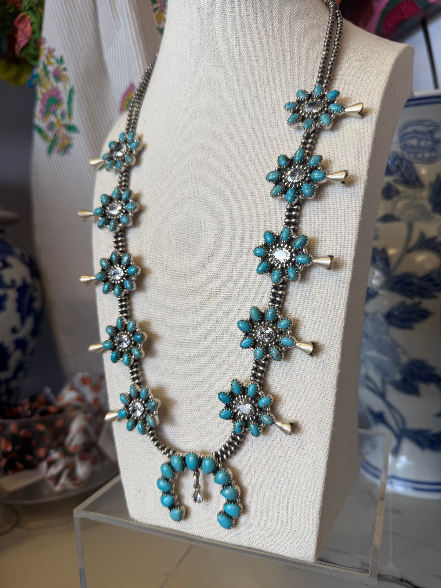 Sterling Silver Turquoise & Cubic Zirconia Squash Blossom Necklace