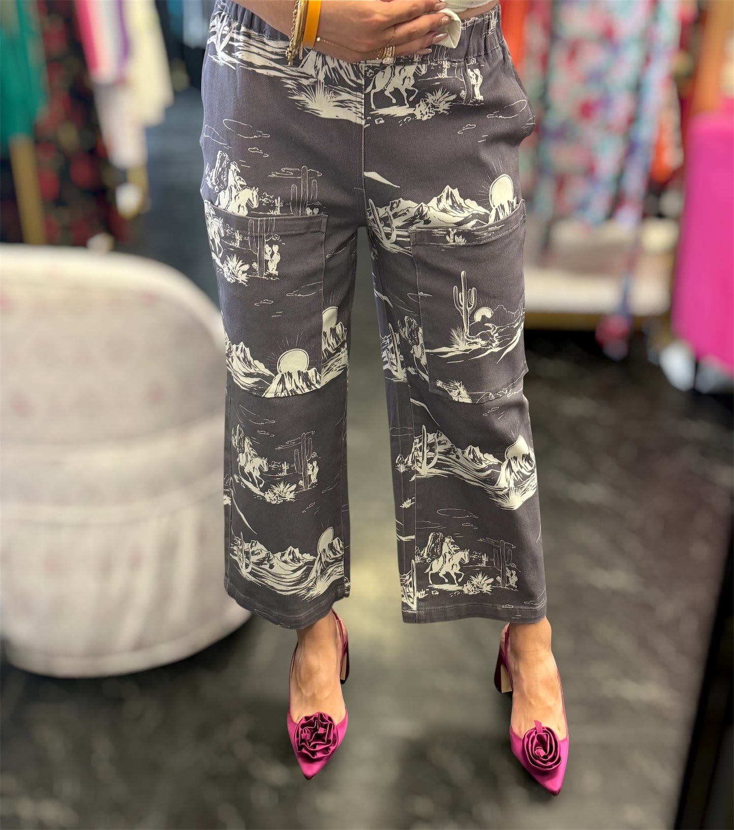 Western Stretchy Grey & White Jean With Pockets