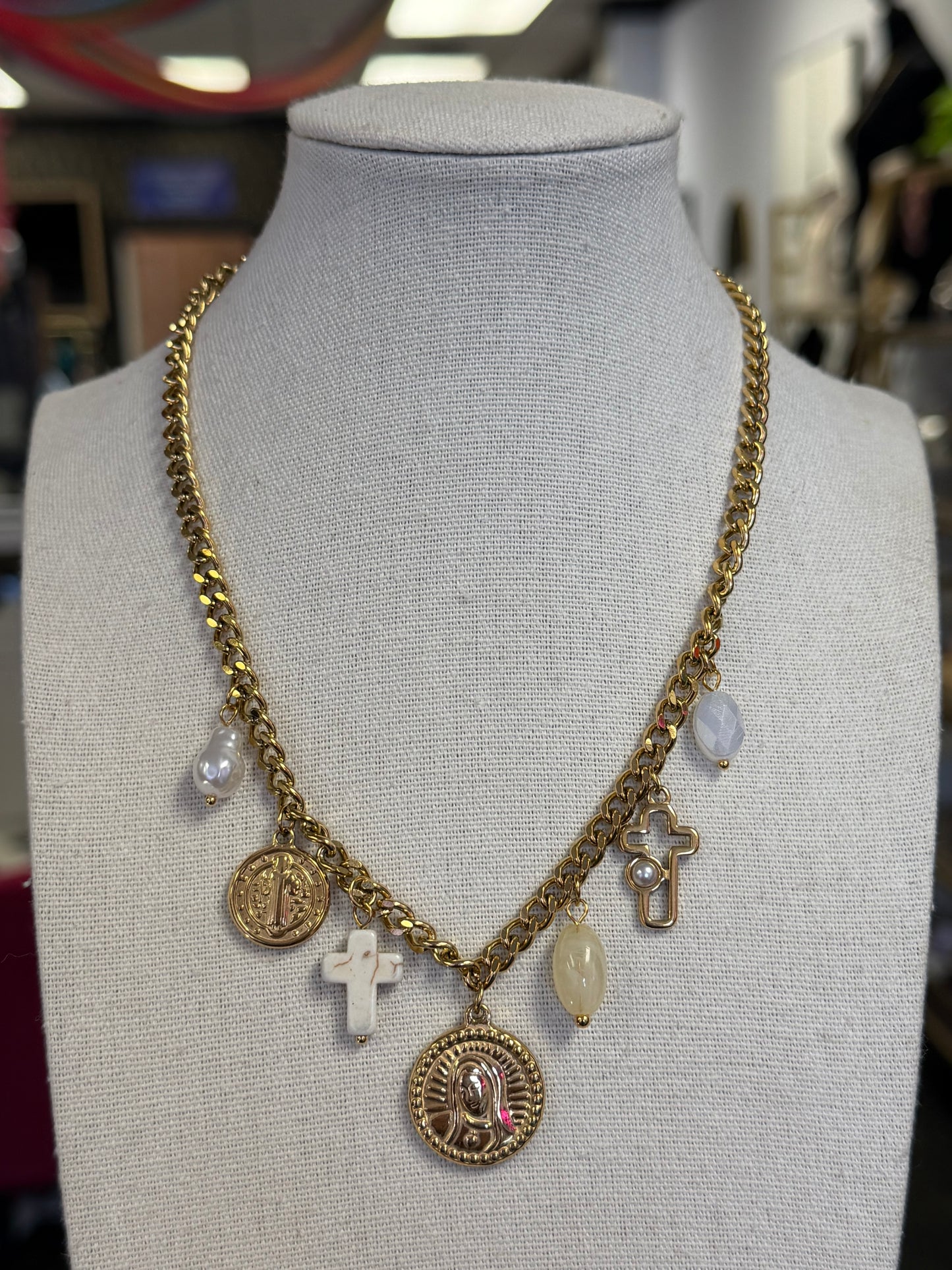 Gold Stainless Muti Religious Charm Necklace