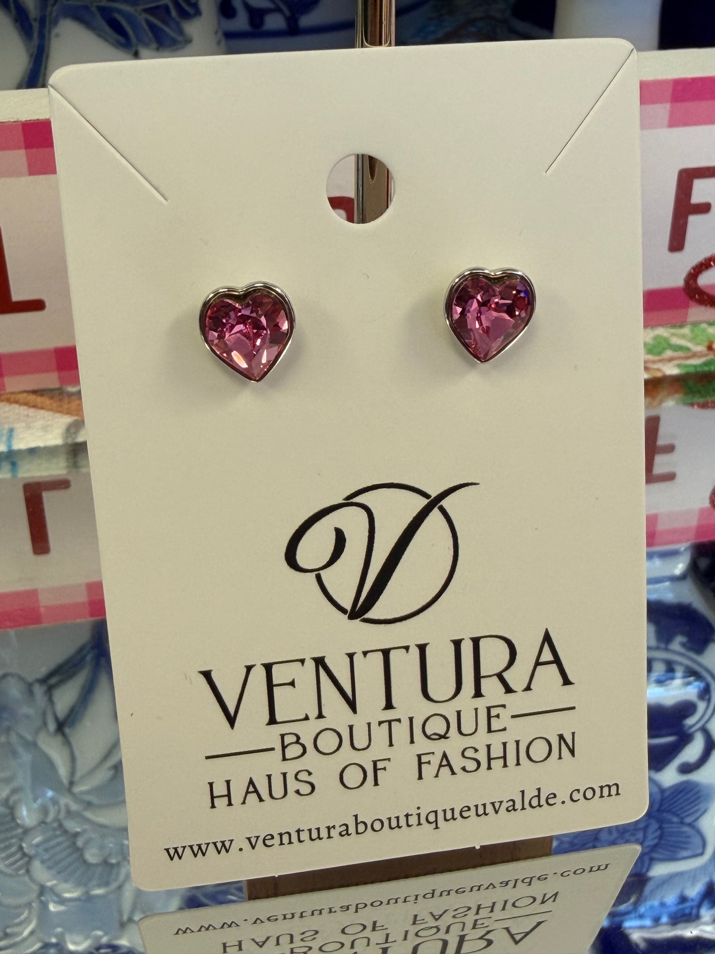 Pink Crystal Heart Stud Earrings