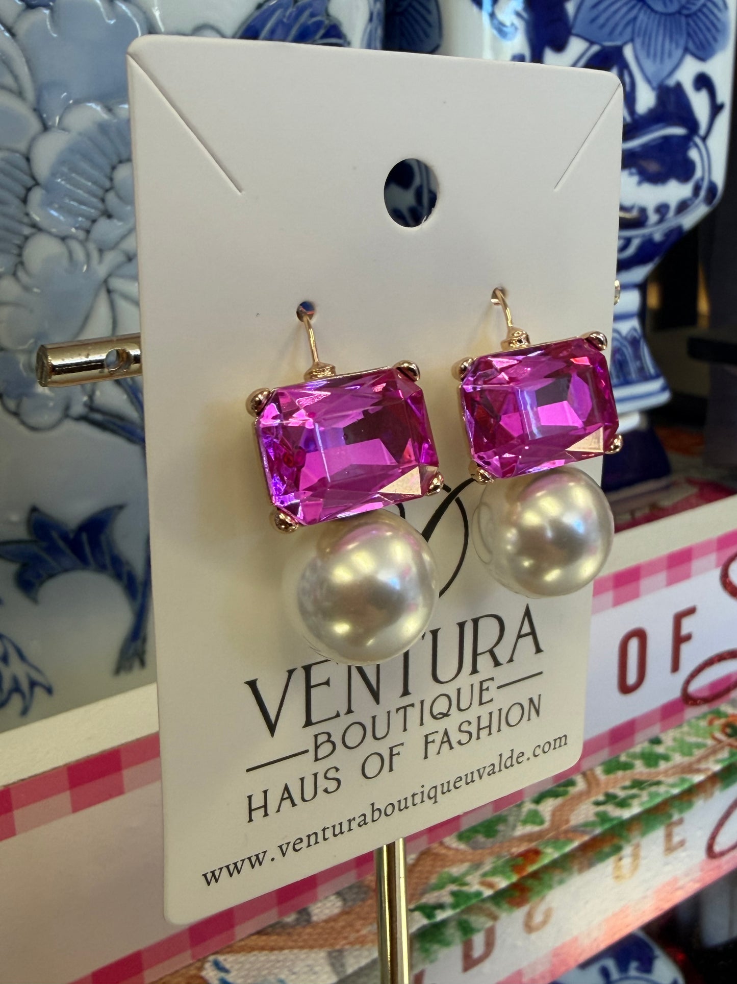 Pink Crystal & Pearl Drop Hook Earrings