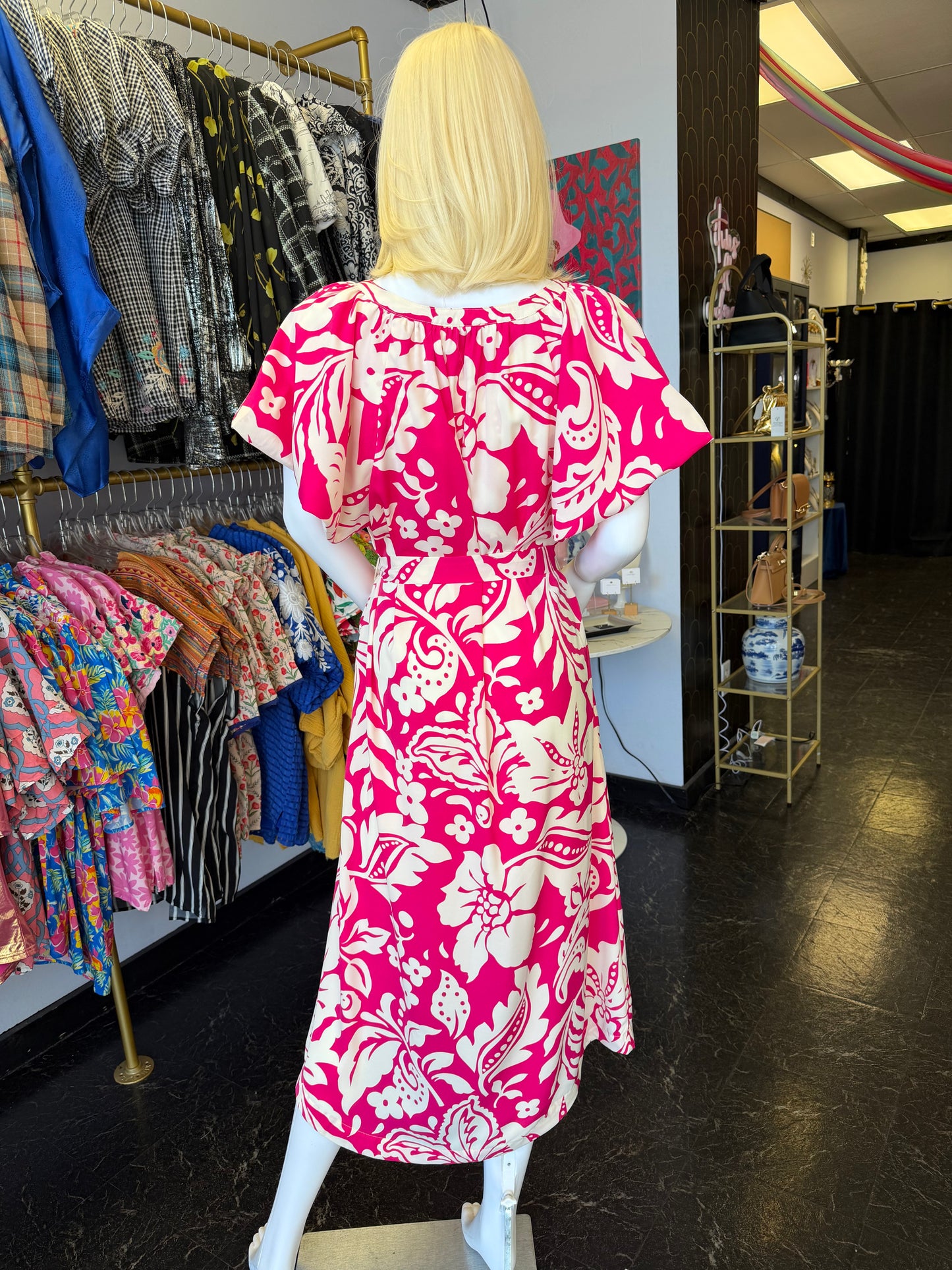 Pink & White Print Tropical Tie Maxi Dress