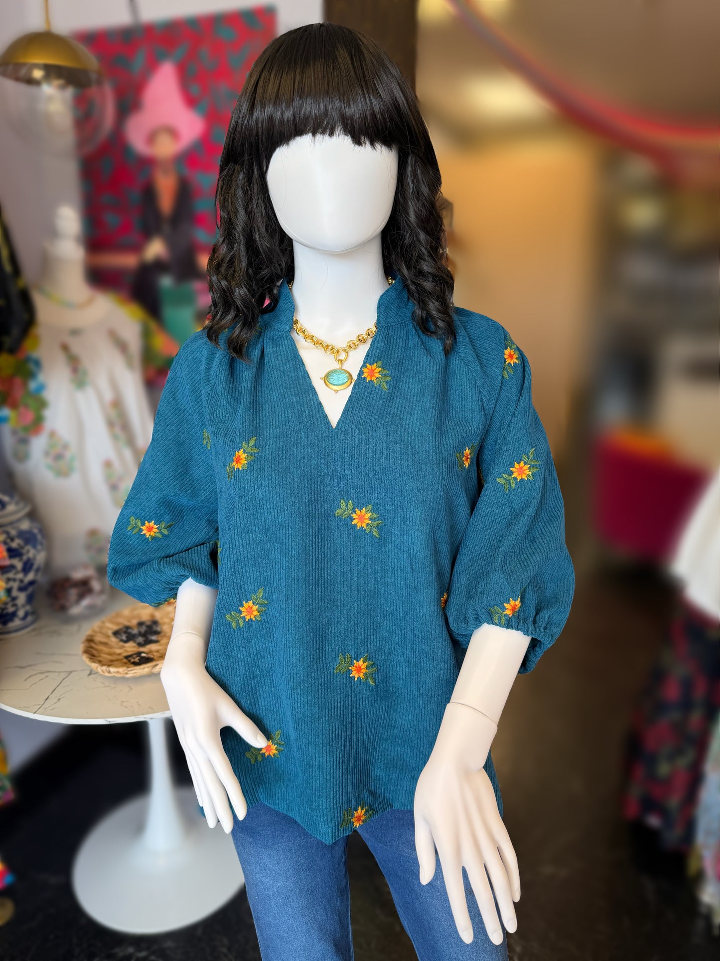 Corduroy Floral Embroidered Blouse