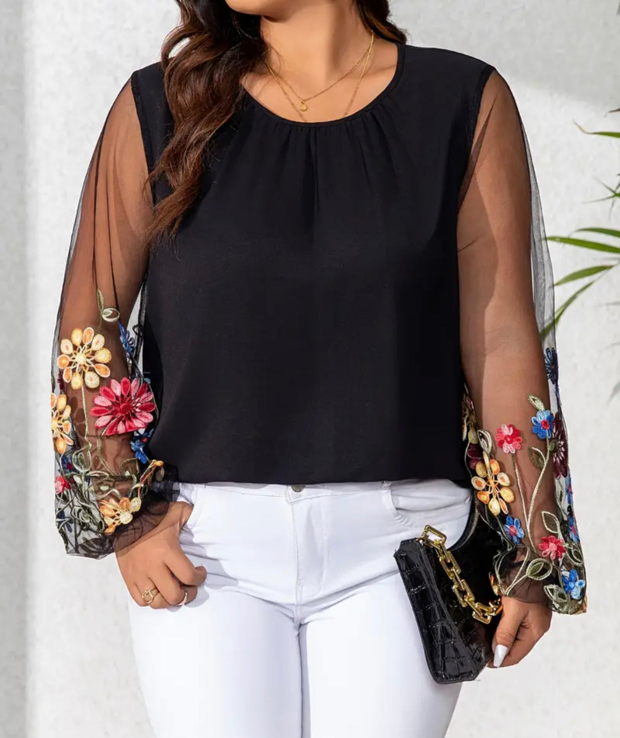 Black Elegant Floral Embroidered Top