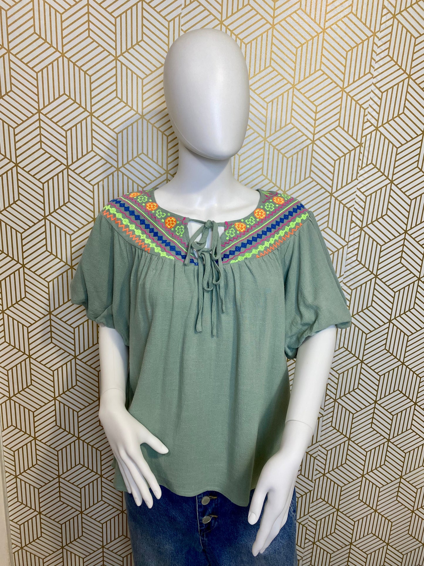 Solid Linen Embroidery Yoke Top