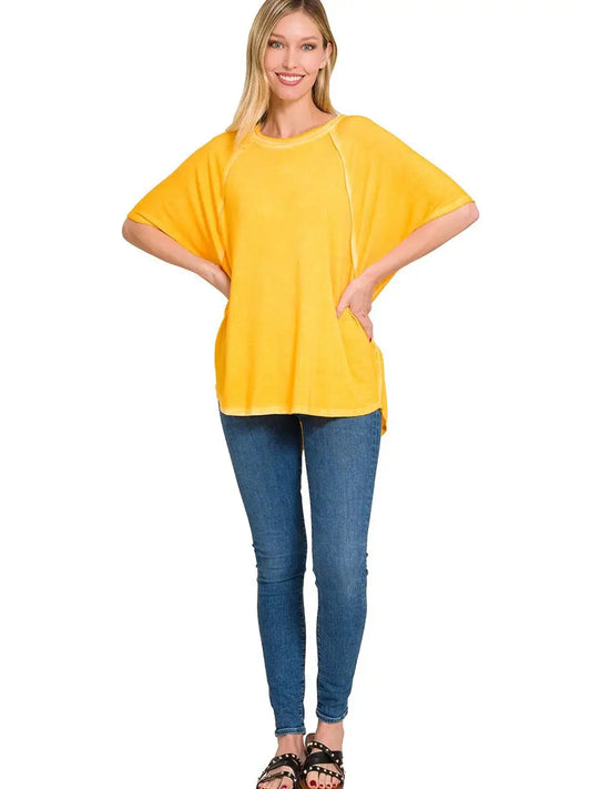 Washed Dolman Sleeve Boat-Neck Top