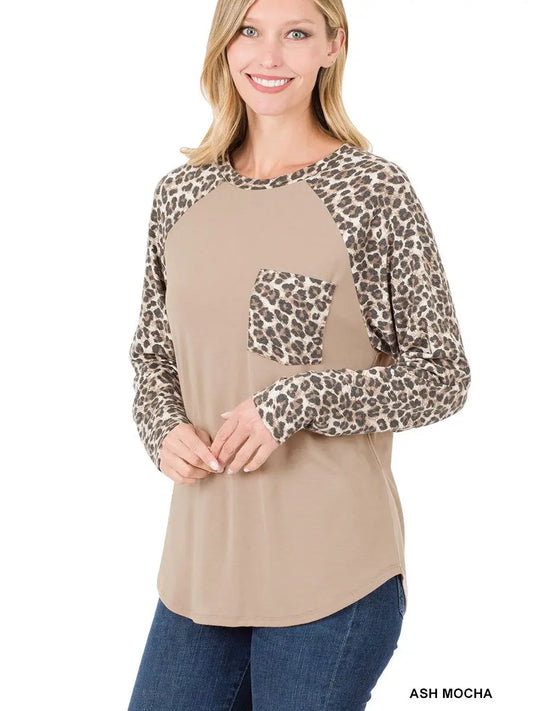 Leopard Raglan Sleeve Patch Pocket Top