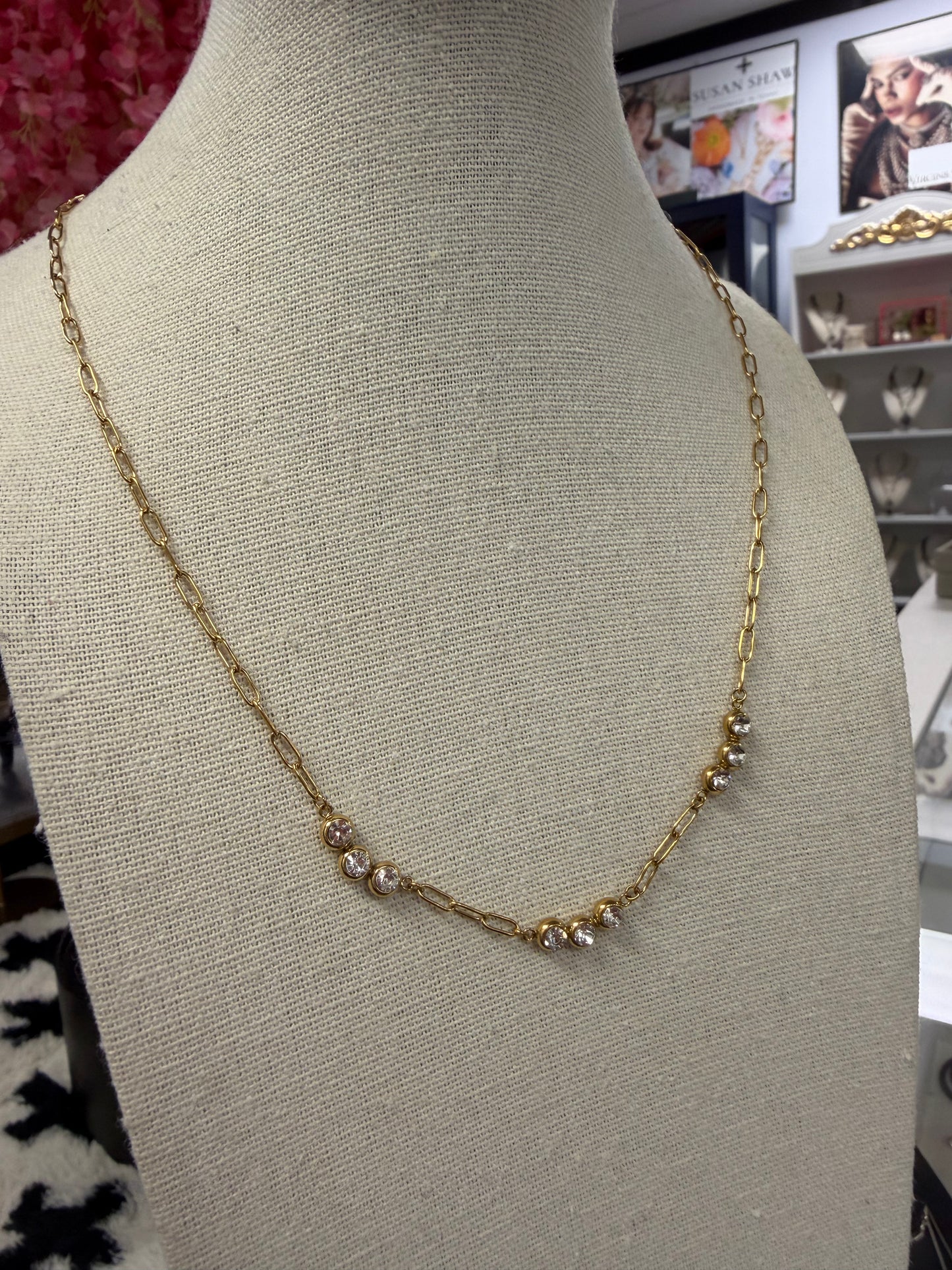S.S Gold Plated Paper Clip Chain Crystal Necklace