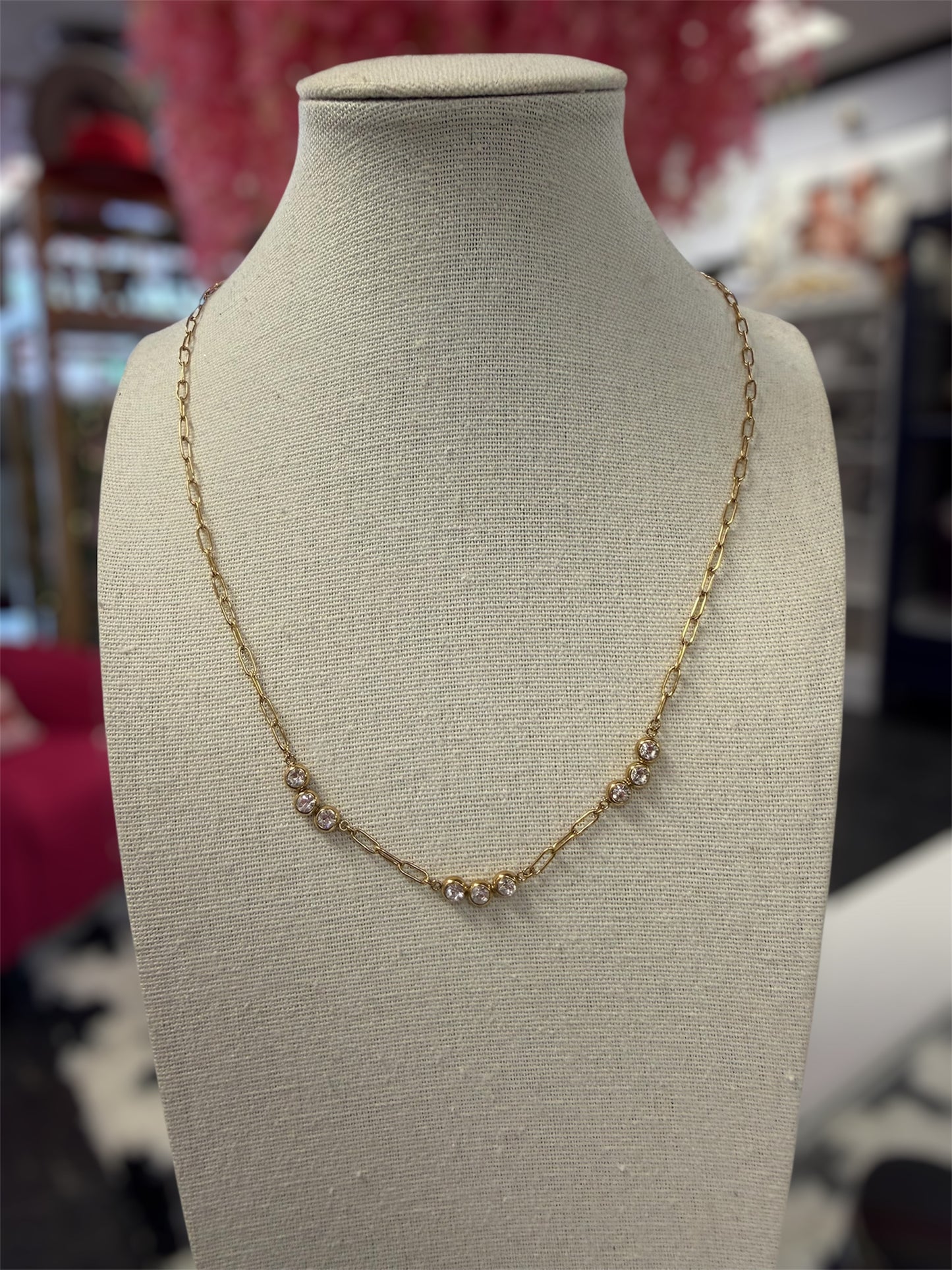 S.S Gold Plated Paper Clip Chain Crystal Necklace