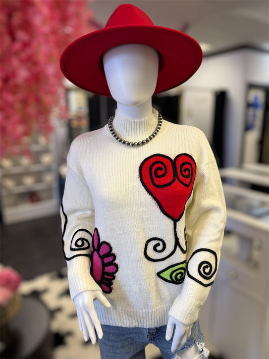 Whimsical Heart & Floral Graphic Knit Sweater