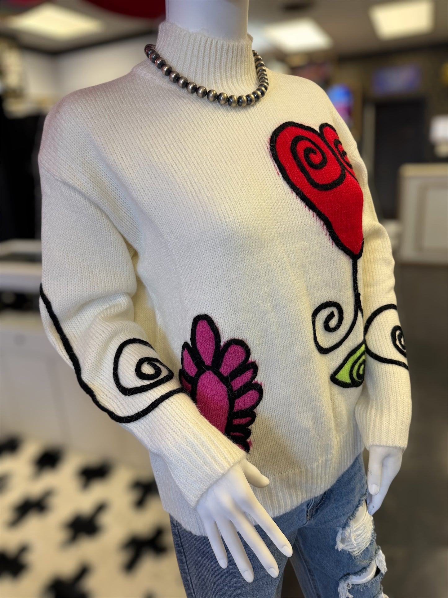 Whimsical Heart & Floral Graphic Knit Sweater