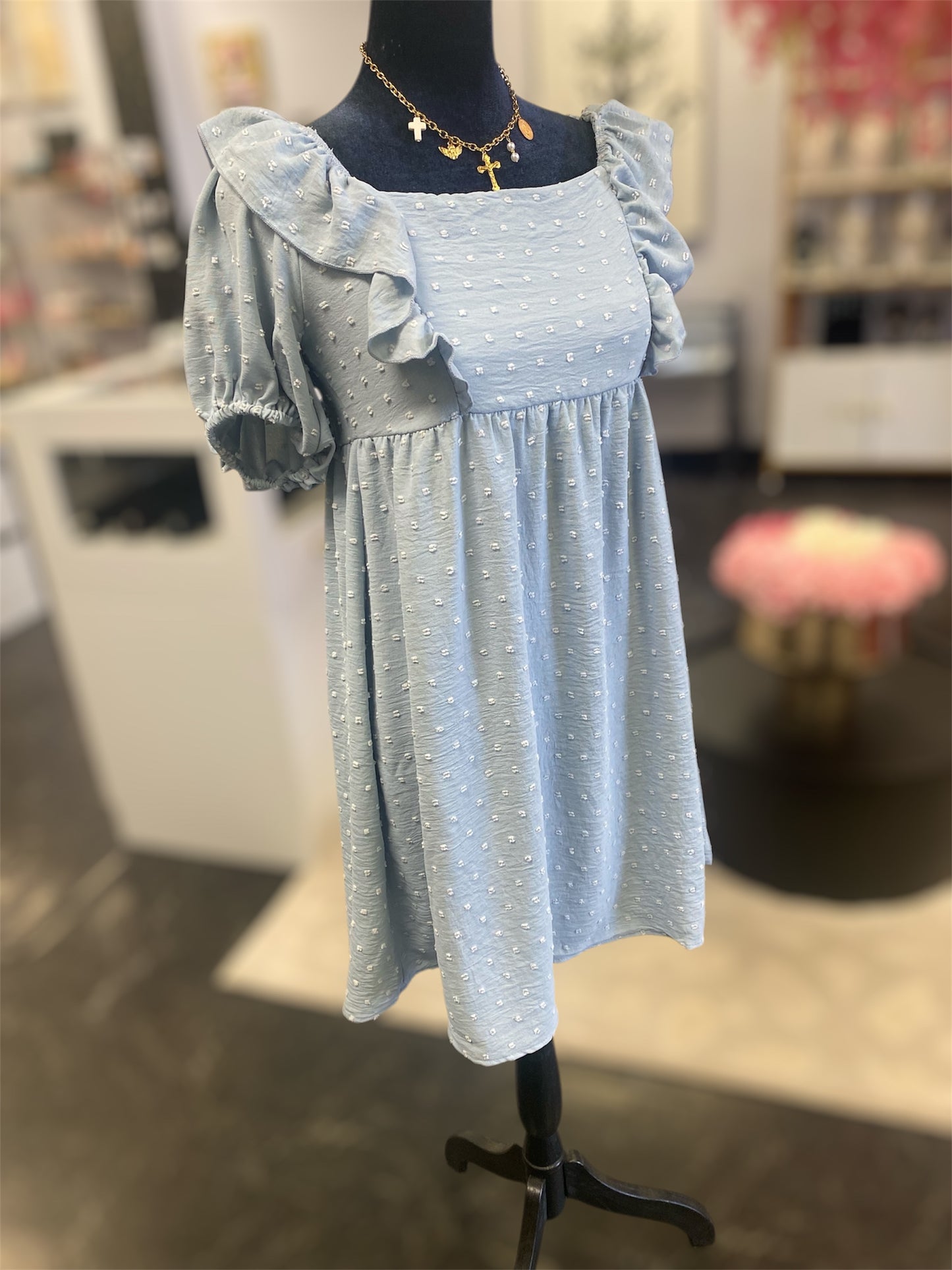 Baby Blue Swiss Dot Baby Doll Dress