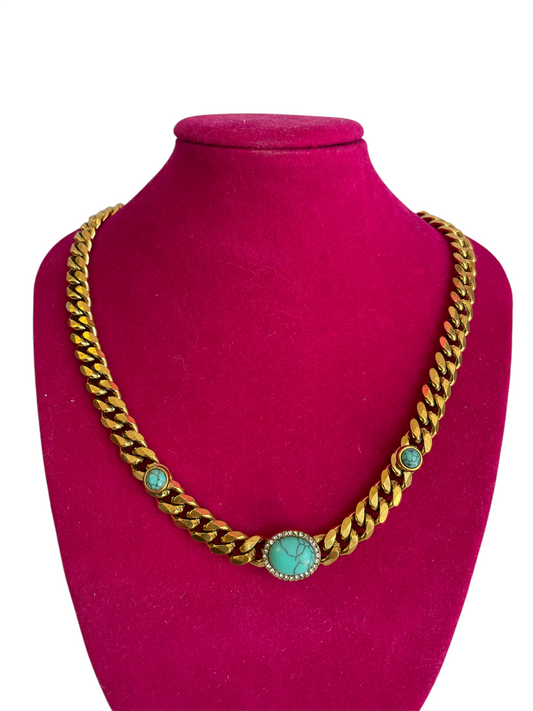 Stainless Steel Gold Plated Imitation Turquoise Crystal Necklace