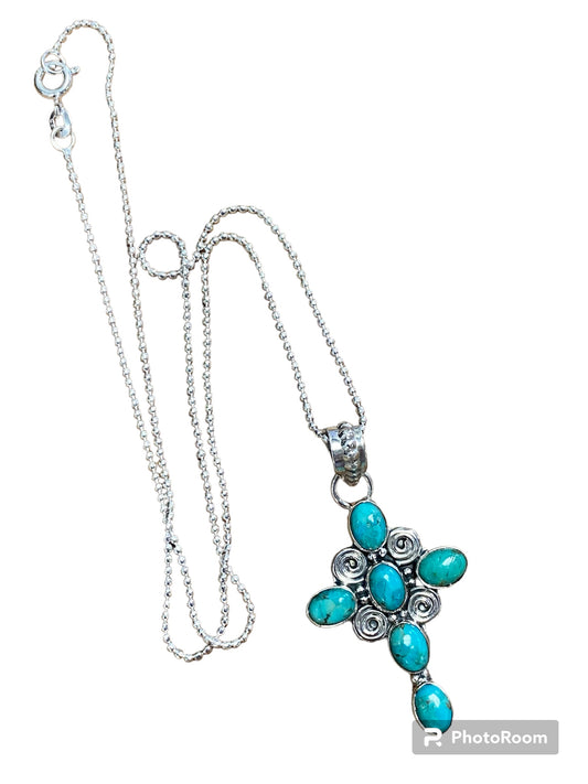 Ball Chain solid 925 sterling silver Necklace with 8.77cts green arizona mohave turquoise oval 925 silver holy cross pendant