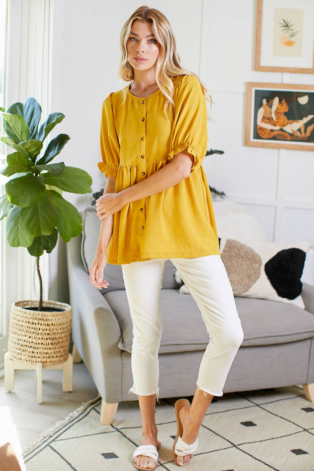 MUSTARD BABYDOLL BUTTON DOWN TOP