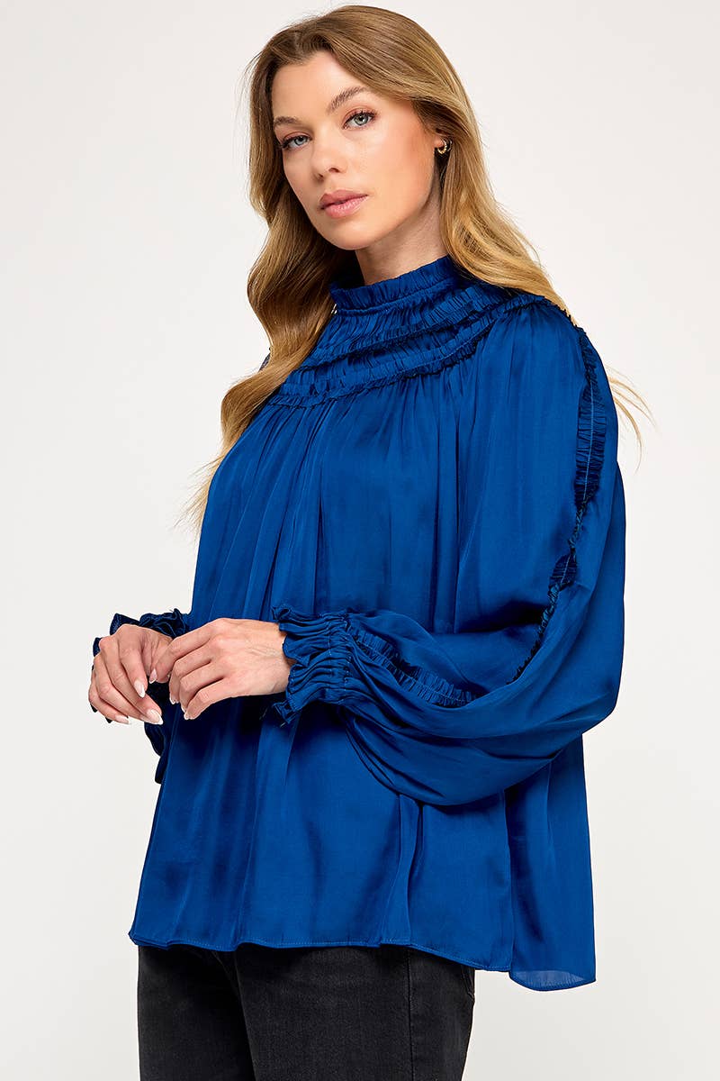 IT3477 - RUFFLED LONG SLEEVES SATIN TOP: GOLD / L