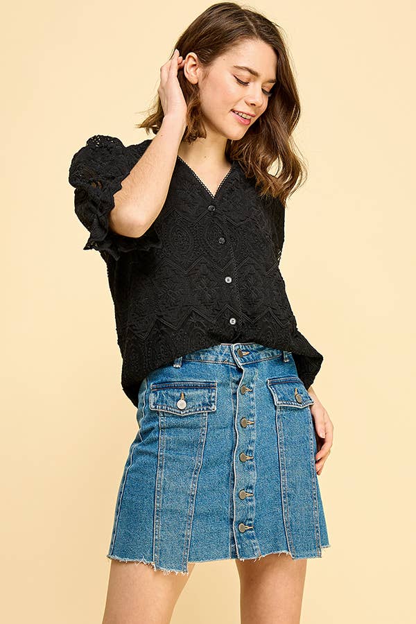 BLACK LACE BUTTON DOWN BLOUSE