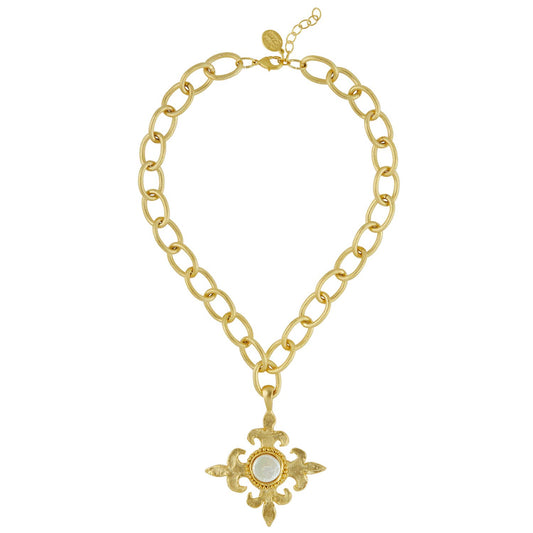 Gold Fleur Cross + Pearl Loop Chain Necklace