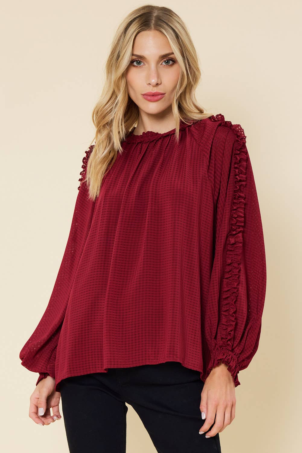 IT3464 - BURNOUT GINGHAM RUFFLED LONG SLEEVES TOP: BURGUNDY / S