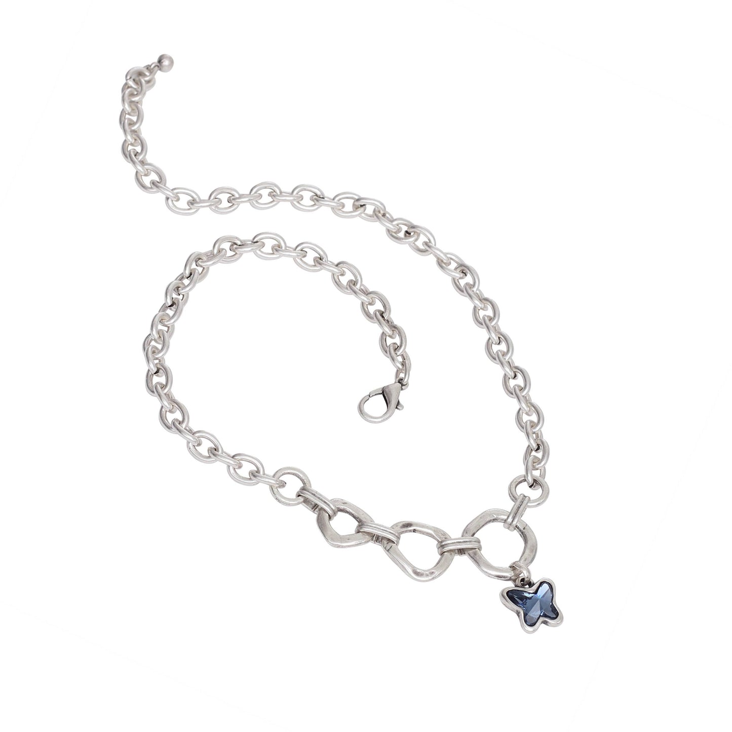 Handmade ButterFly Blue Crystal Pewter Necklace - 3964