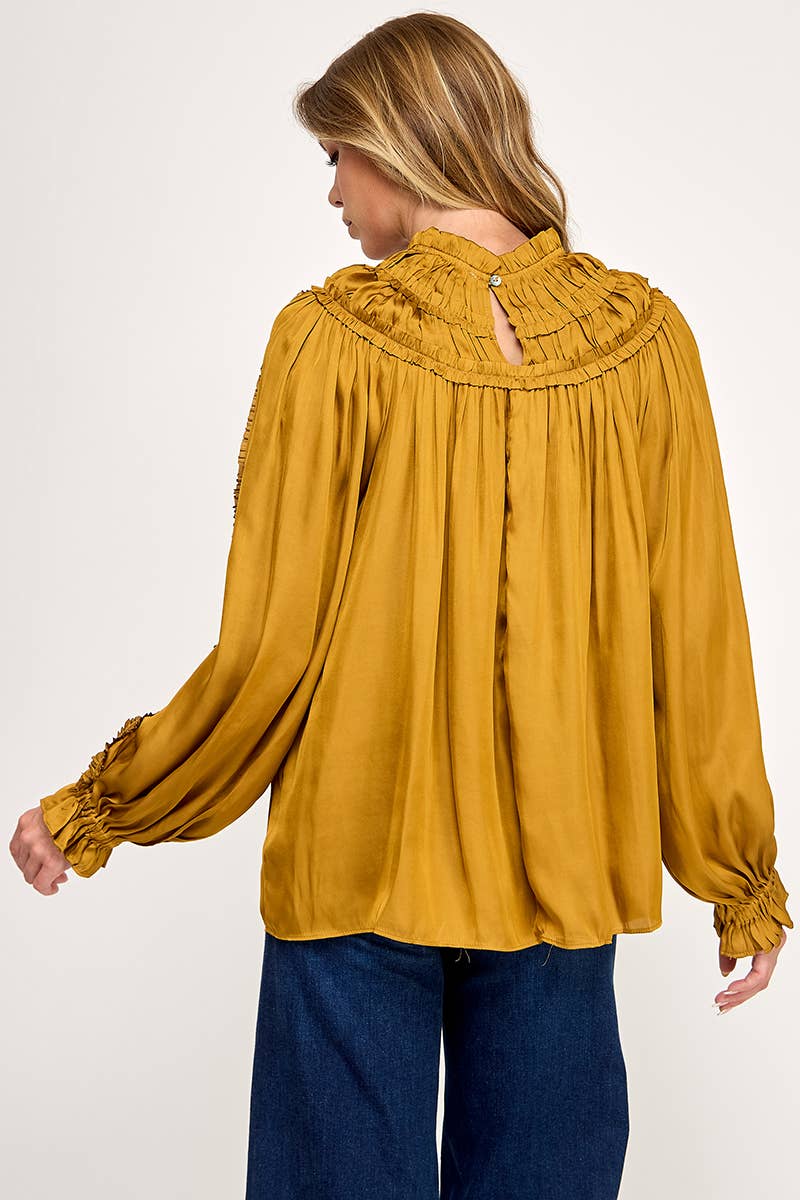 IT3477 - RUFFLED LONG SLEEVES SATIN TOP: GOLD / L