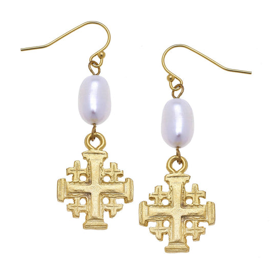 Gold Multi Cross and Freshwater Pearl Earrings