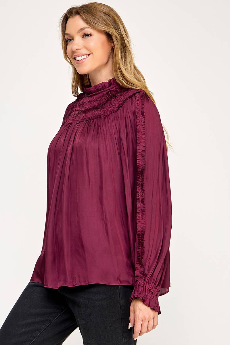 IT3477 - RUFFLED LONG SLEEVES SATIN TOP: GOLD / M
