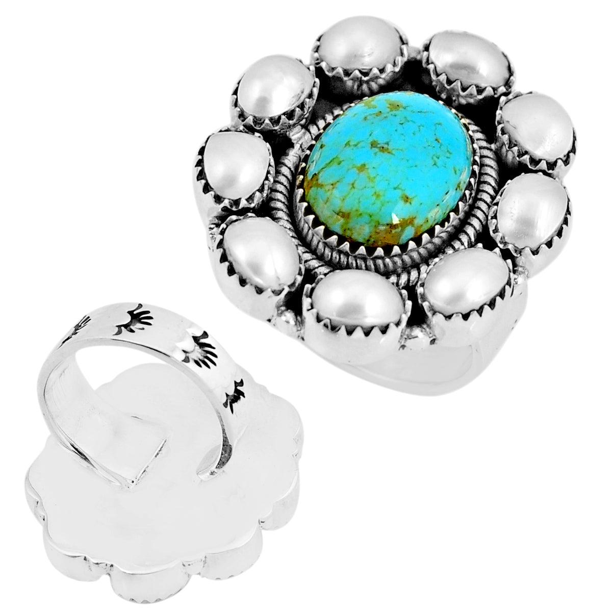 king man turquoise pearl silver adjustable ring size 7