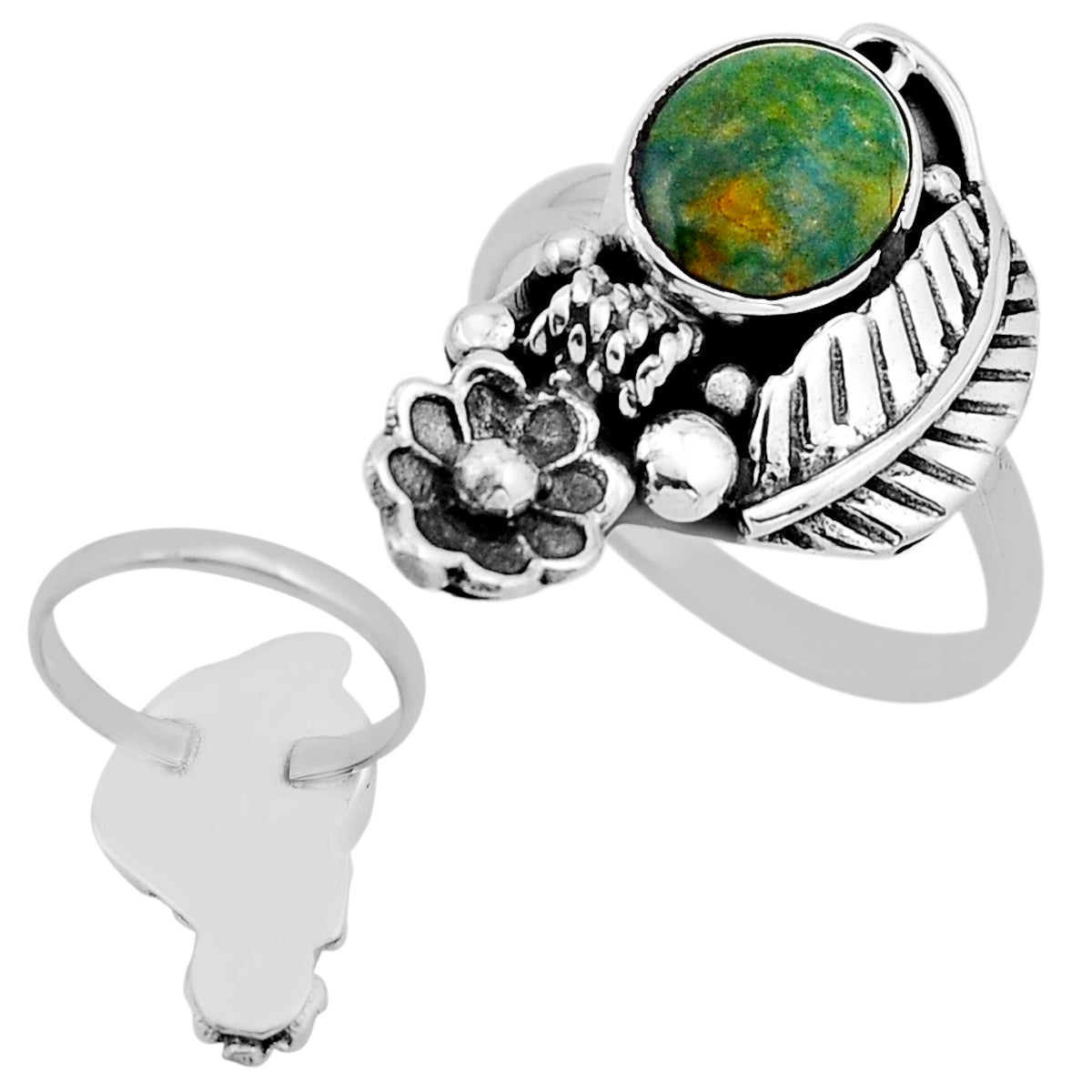 Arizona MOJAVE turquoise silver flower with leaf ring size 9