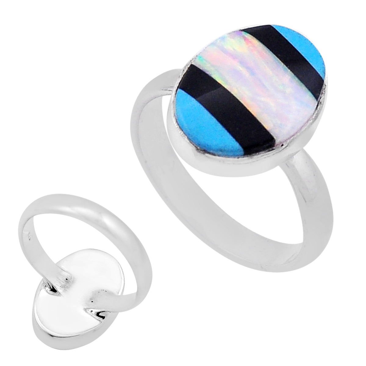 blue pink black stripe opal 925 silver ring size 8