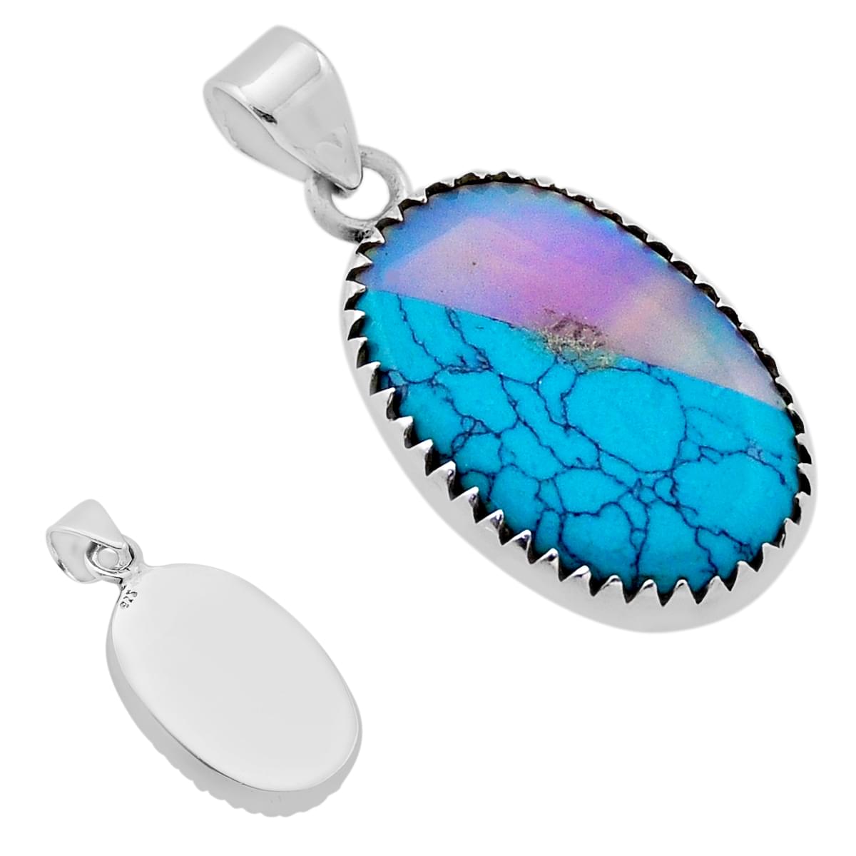 blue pink strip opal oval 925 sterling silver pendant