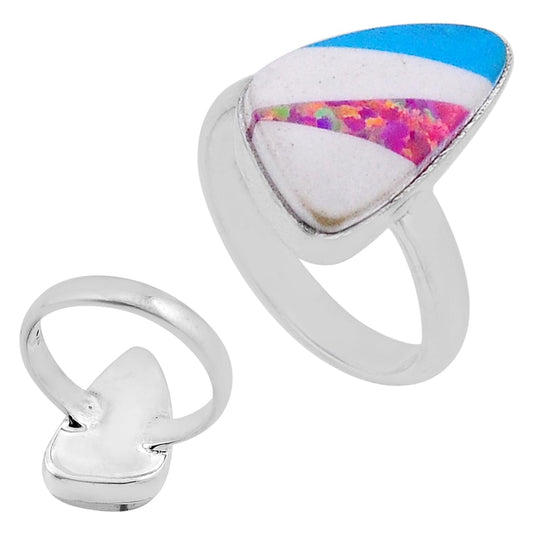 blue pink white strip opal fancy silver ring size 7