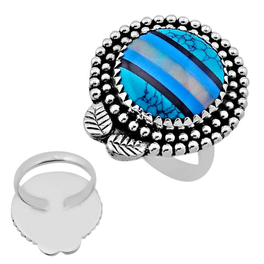 blue white black strip opal 925 silver ring size 8
