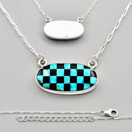 checker king man turquoise onyx 925 silver necklace