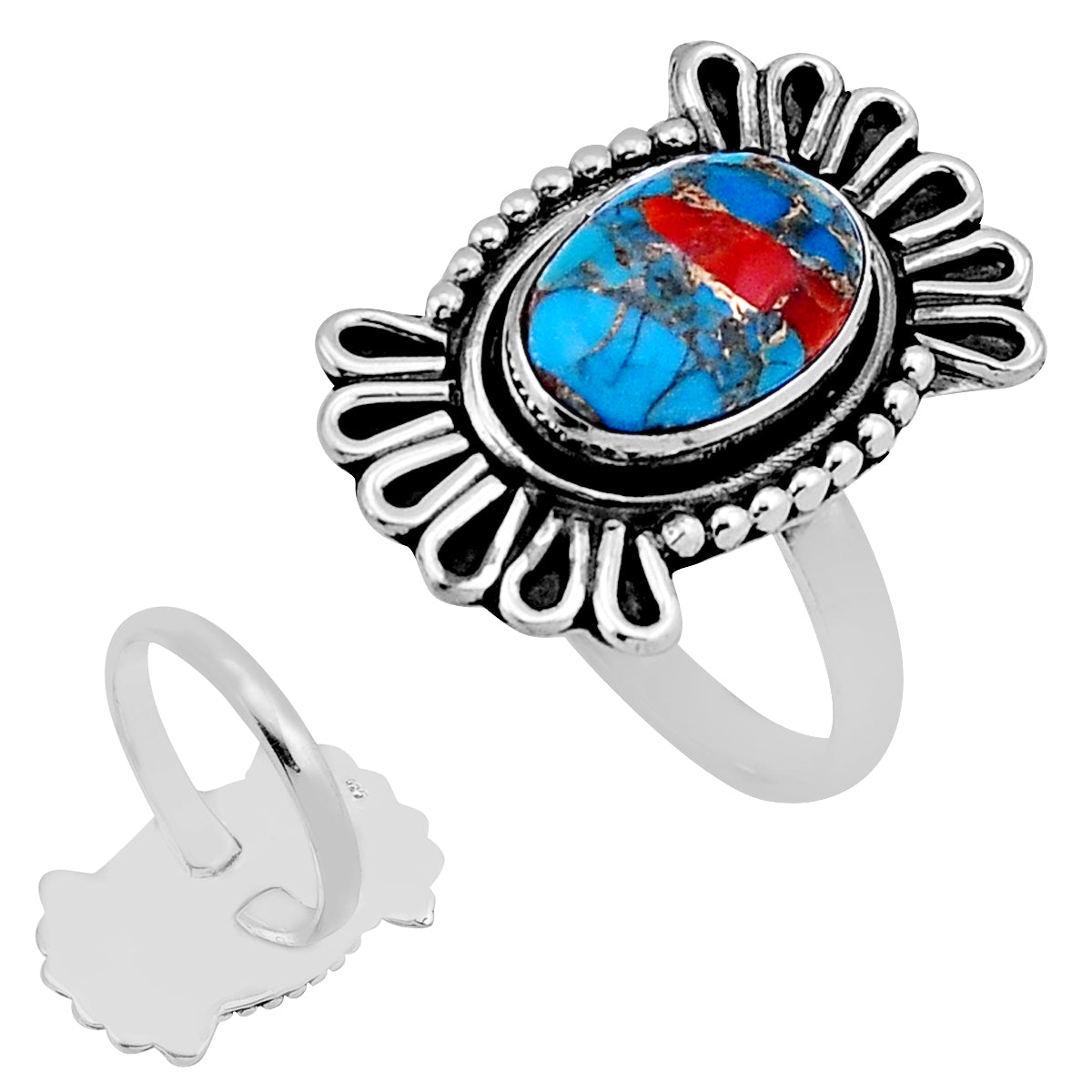 coral in turquoise 925 sterling silver ring size 9