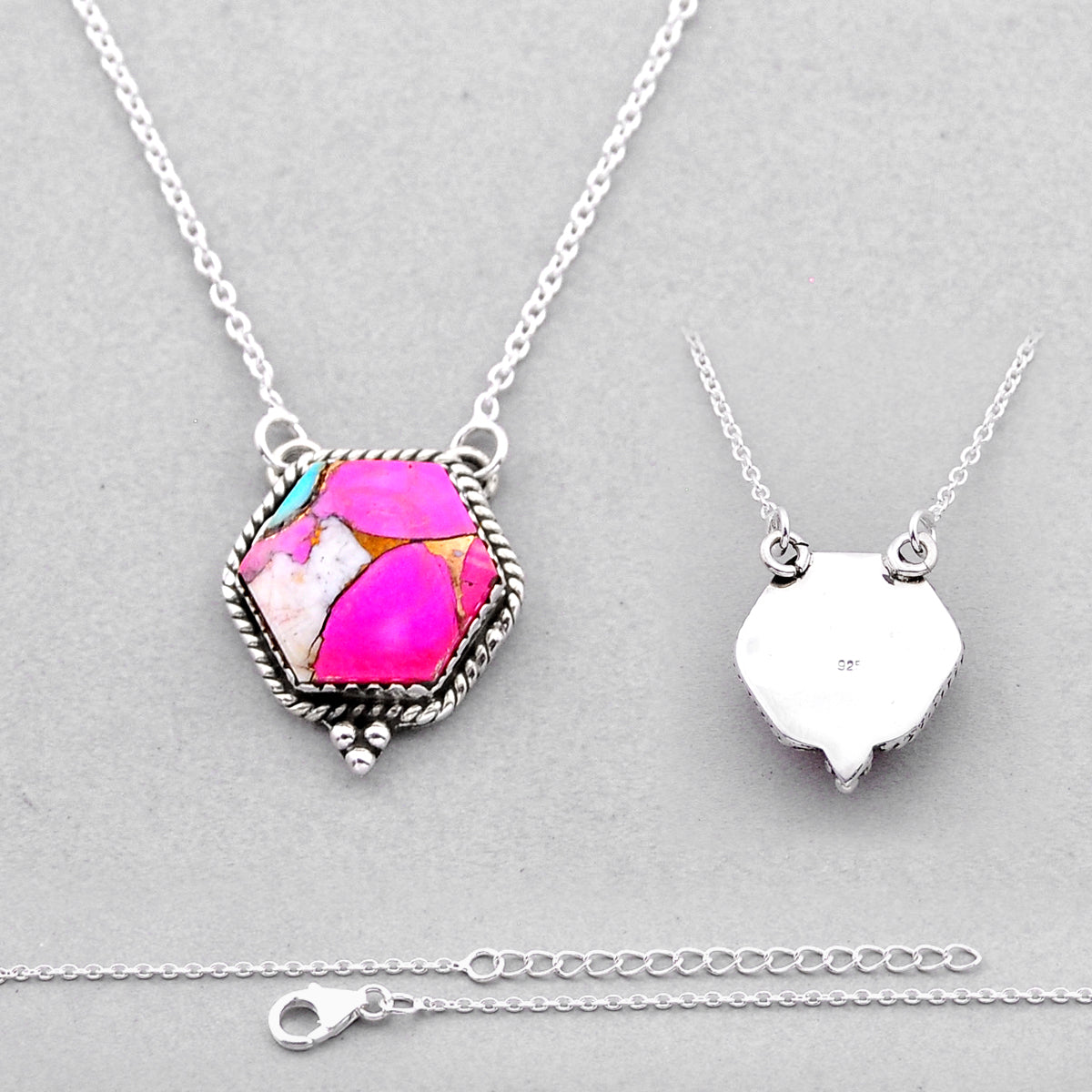 back closed cotton candy turquoise hexagon 925 silver necklace