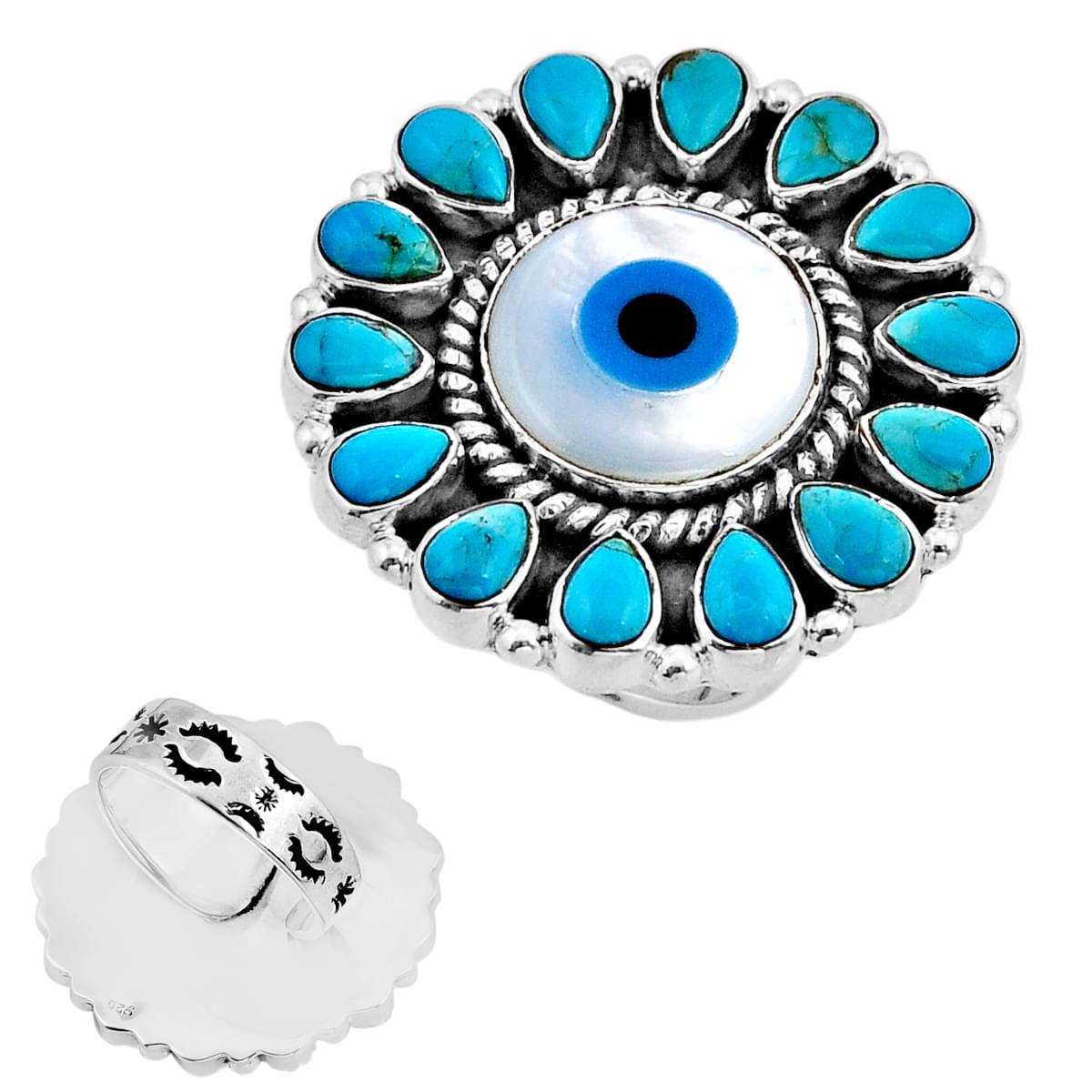 size 7 evil eye turqouise 925 silver adjustable ring