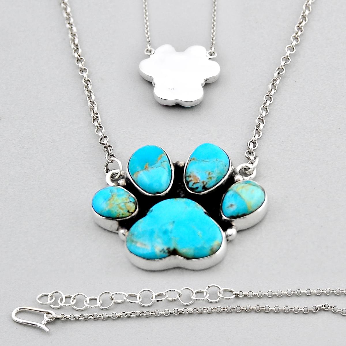12.80cts back closed natural kingman turquoise paw 925 silver necklace