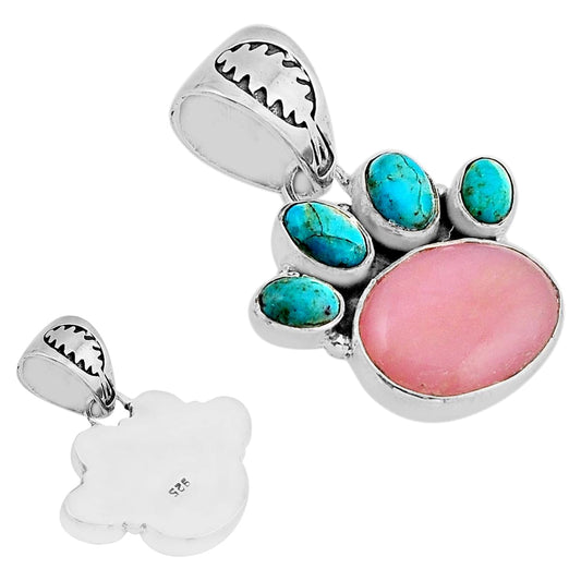 natural pink opal king man turquoise silver paw pendant