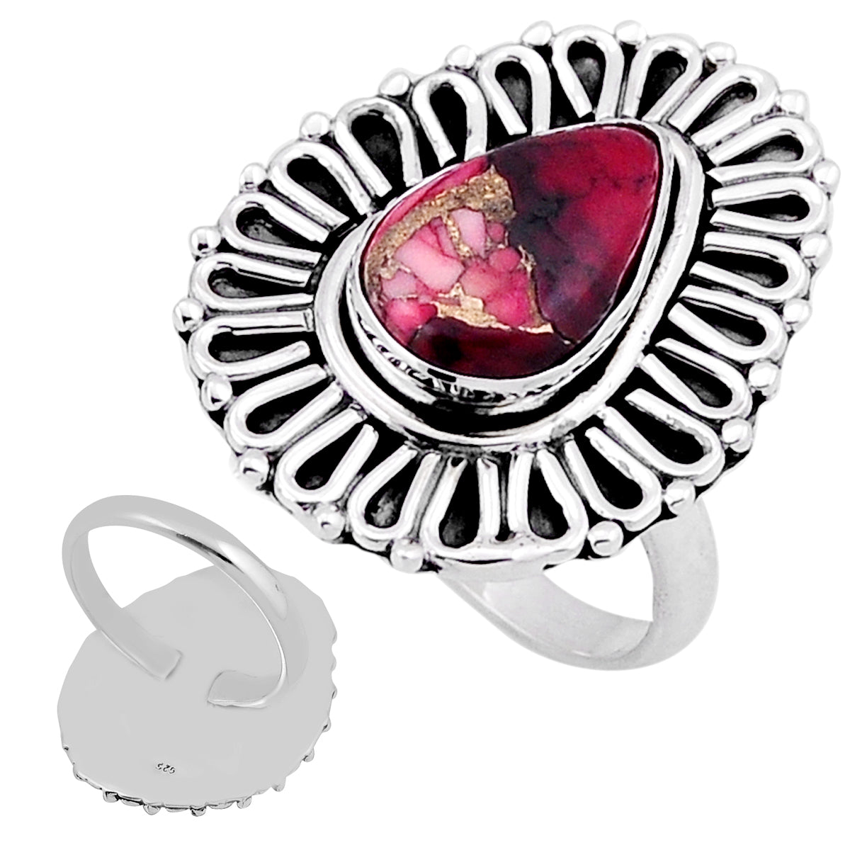 rose dahlia pear sterling silver ring size 8