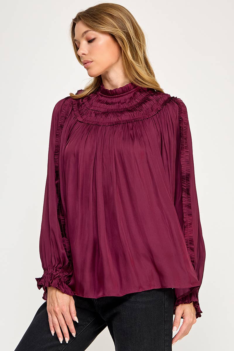 IT3477 - RUFFLED LONG SLEEVES SATIN TOP: GOLD / L
