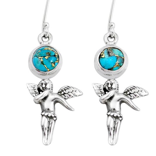 3.41cts blue copper turquoise 925 sterling silver angel earrings jewelry